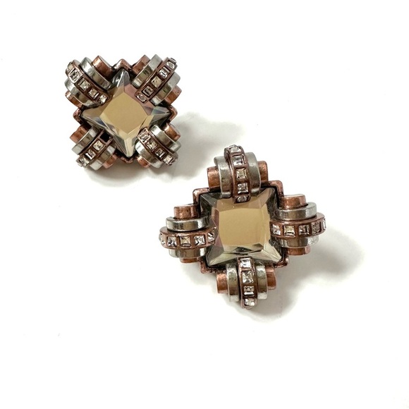 Vintage 80’s Art Deco Great Gatsby Style Earrings Sparkly Mirror Antique Copper - Picture 1 of 6